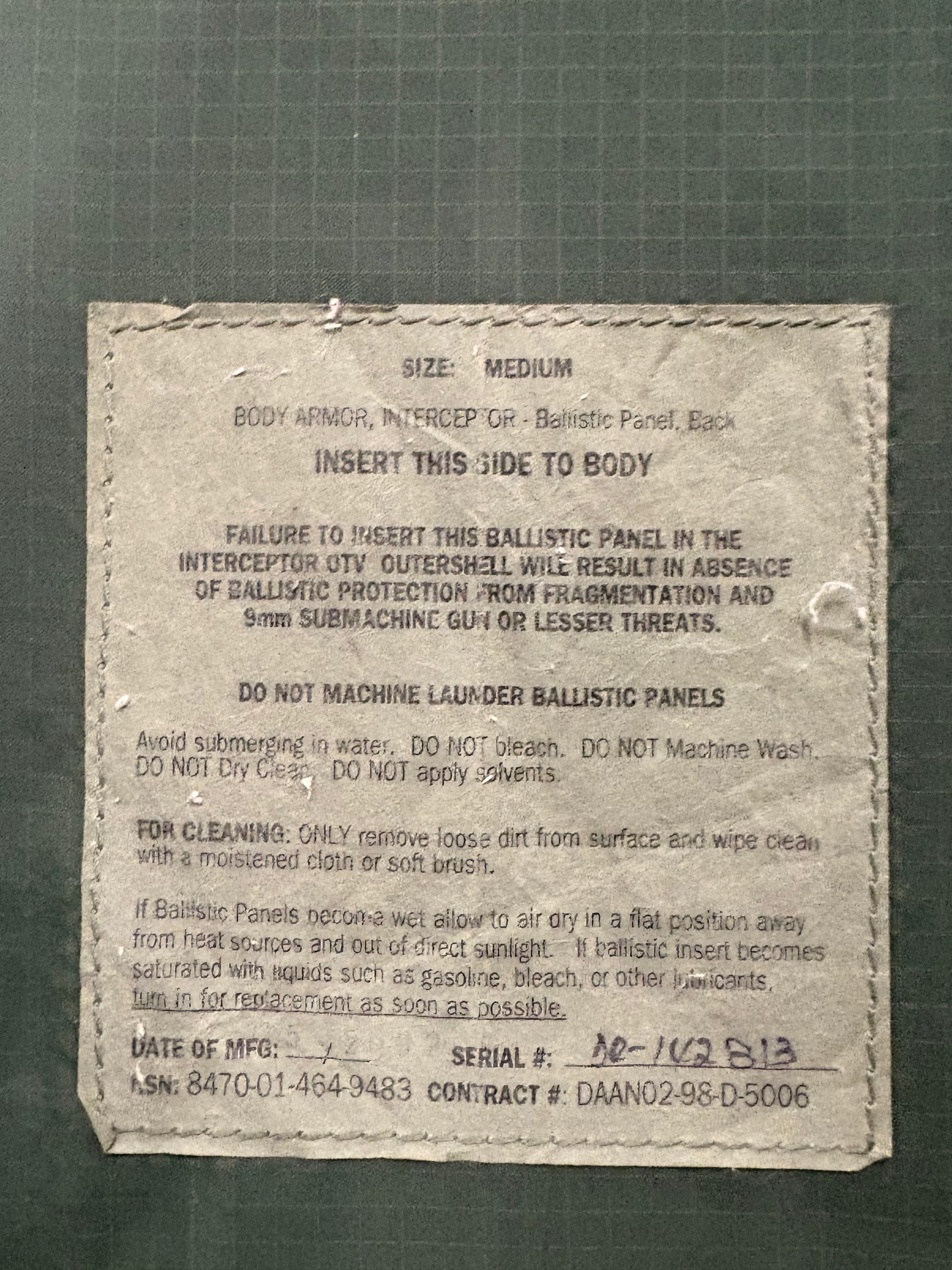 Interceptor Body Armor (IBA) Back Soft Plate